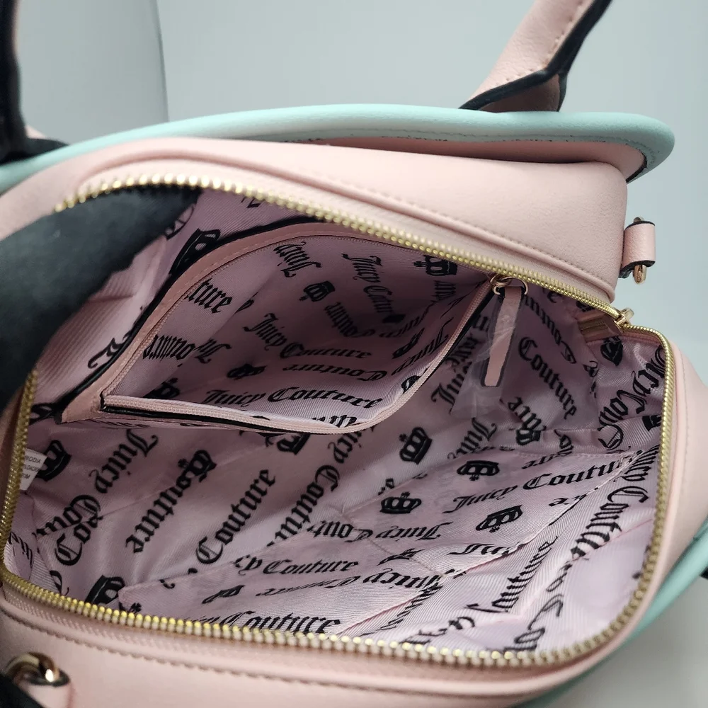 Juicy Couture Pink & Straw Satchel Bag NWT Logo Front Pocket + Coin Purse